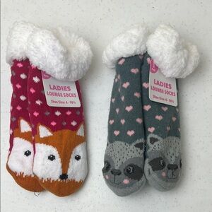 2  Pairs Ladies Lounge Socks Sherpa Lined – Fox & Raccoon, Cozy Slipper Style